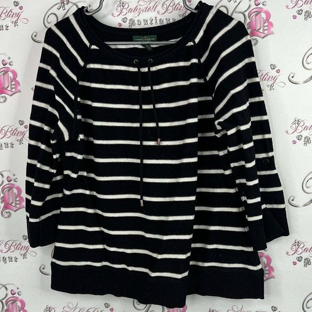 Ralph Lauren long sleeve top strings laces Black and White Striped Top